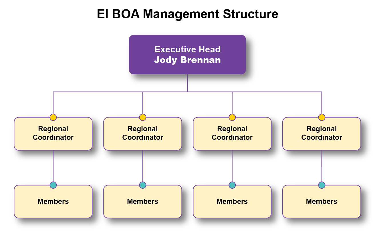 Organizational chart illustrating the structure of the Employment Insurance Board of Appeal: Jody Brennan the Executive Head, Regional Coordinators, Board of Appeal Members.